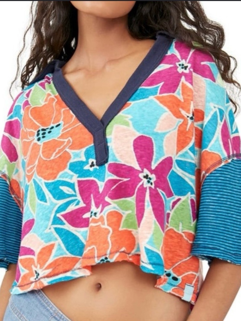 Free People On A Boat Boxy Crop Polo Floral Striped Sleeve Top Medium